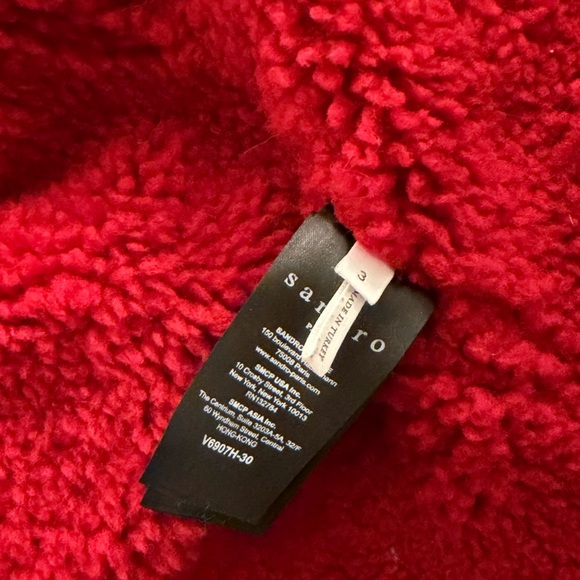 Sandro Black Leather Jacket with Red Shearling Trim - Picture 4 of 6